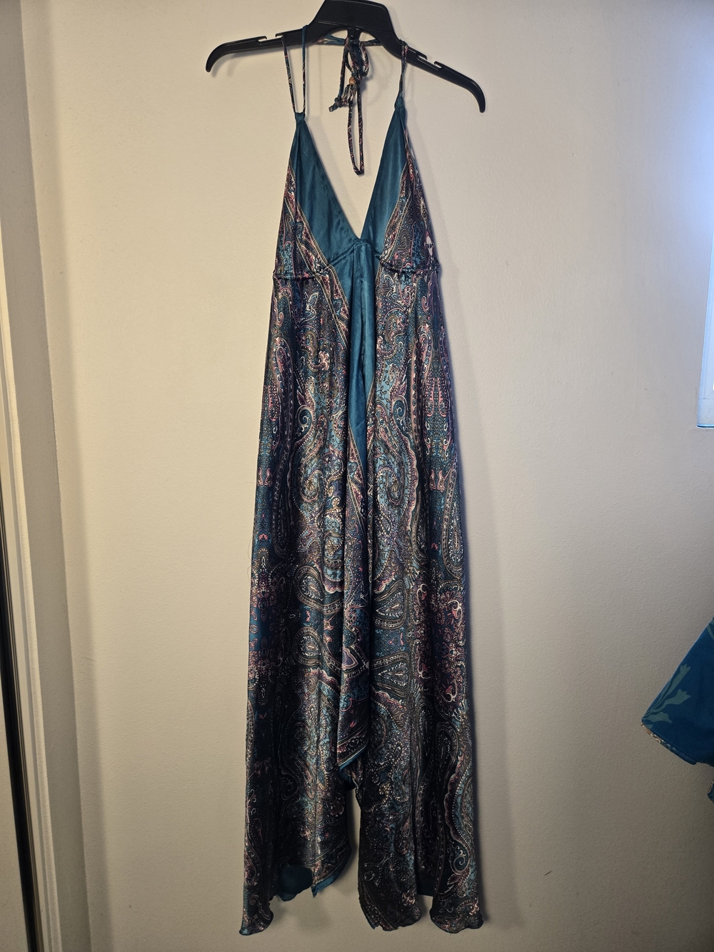 Teal Paisley Boho Halter Satin Maxi Dress